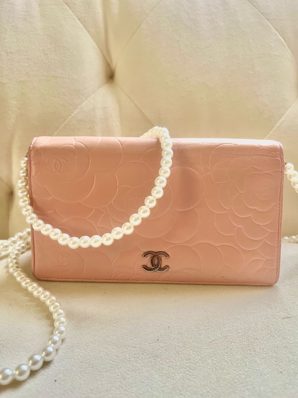 Chanel Camellia Pink Wallet with Pearl crossbody strap